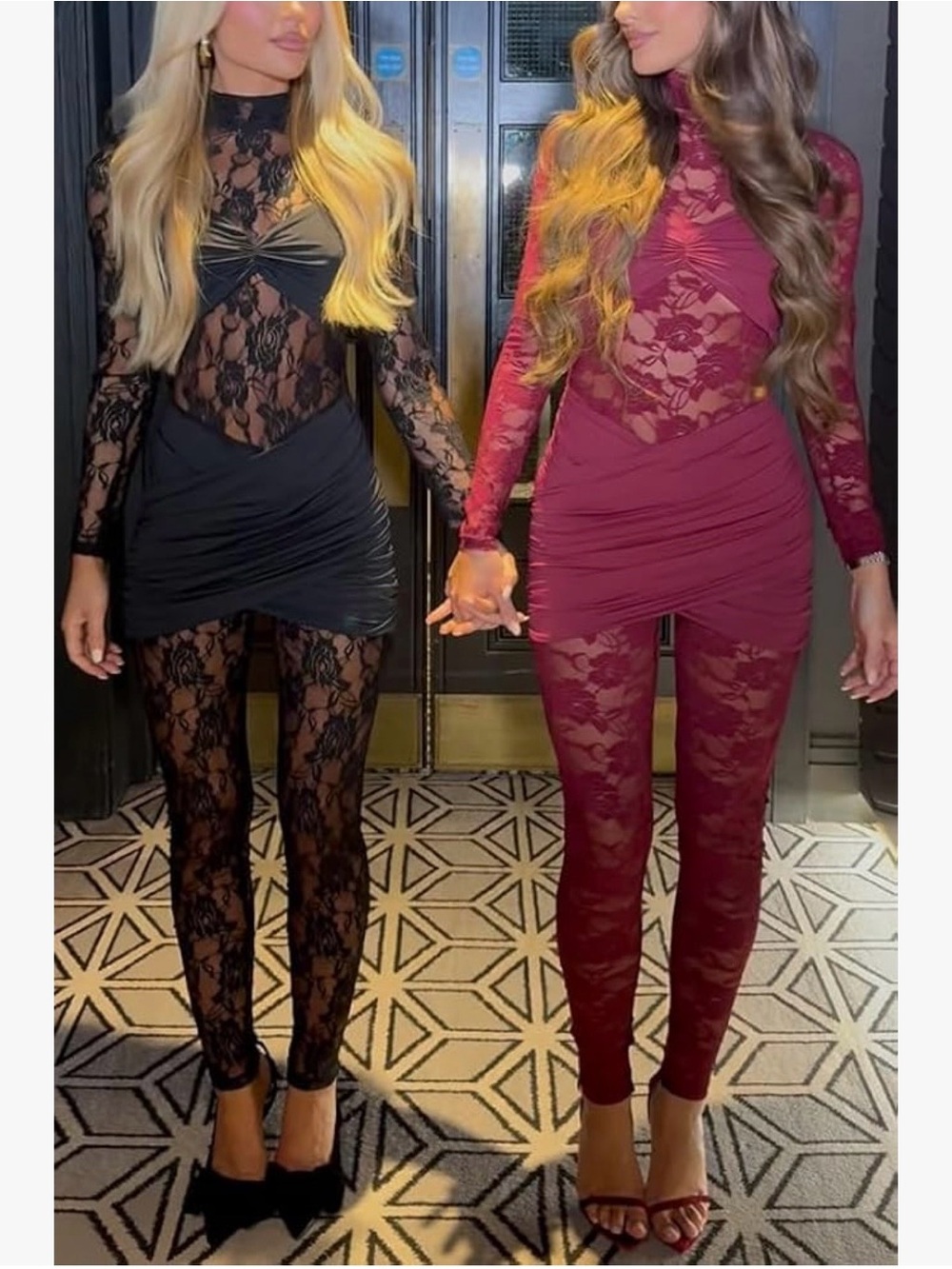 Sheer Lace Long-Sleeve Mini Dress Jumpsuit - in the Wine color